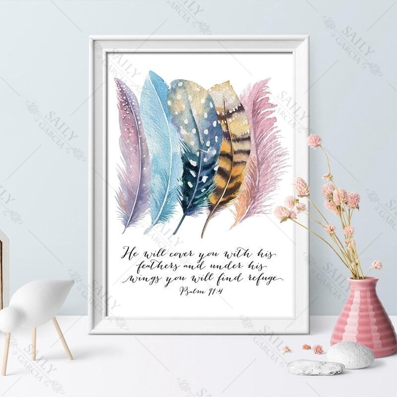 Abstract Quotes Art Home Decor Wall Picture Bible Verse Psalm 91 4 ...