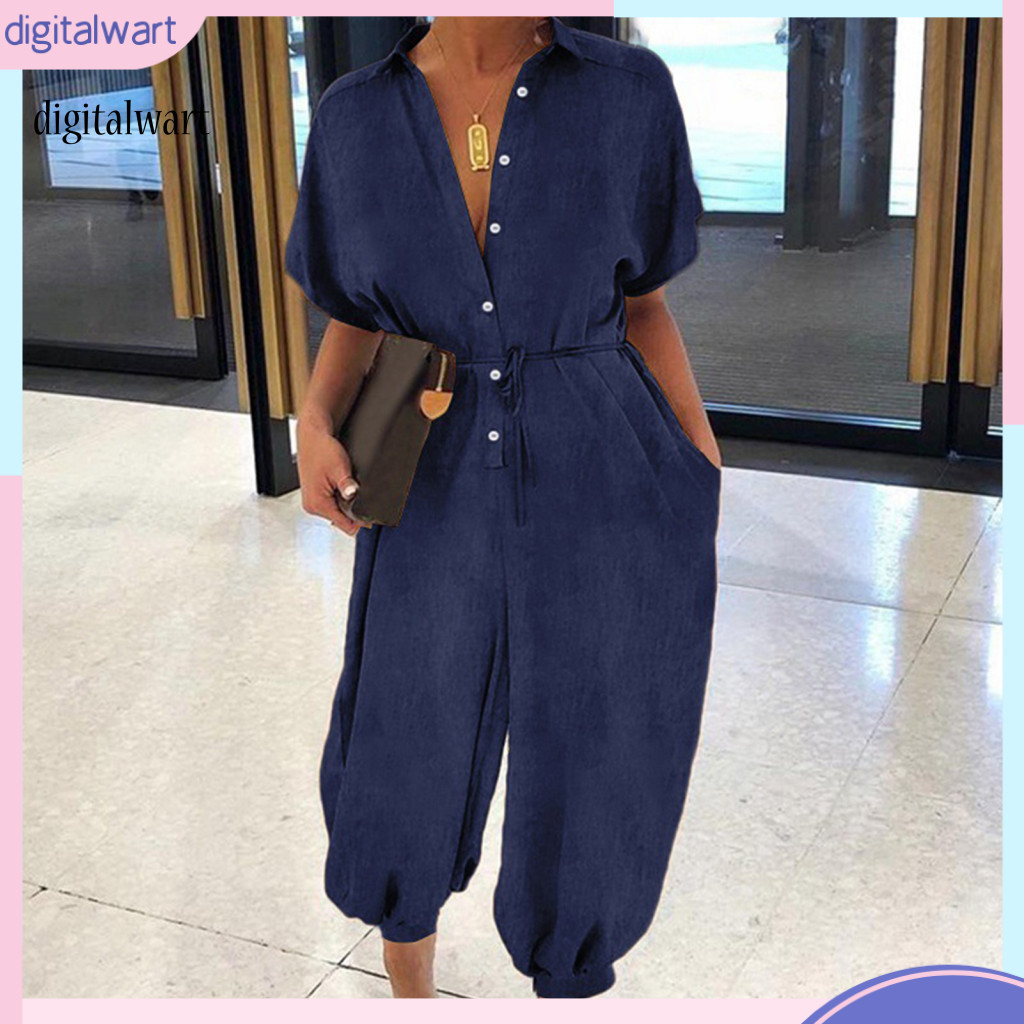 Digital Women Denim Jumpsuit Short Sleeve Solid Color Buttons Pockets Long Baggy Romper Overall 