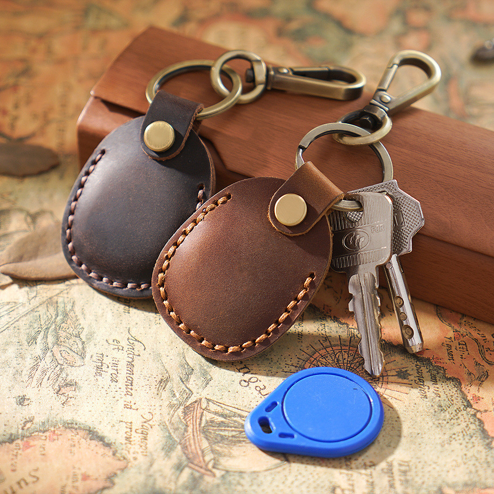 Retro First Layer Cowhide Access Control Card Holder Keychain Area ...