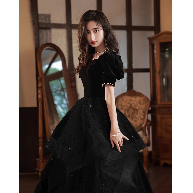 Black Graduation Evening Dress Female French Style Elegant Banquet ...
