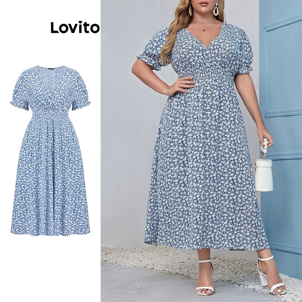 Lovito Casual Ditsy Floral Smocked Frill Plus Size Dress For Women ...