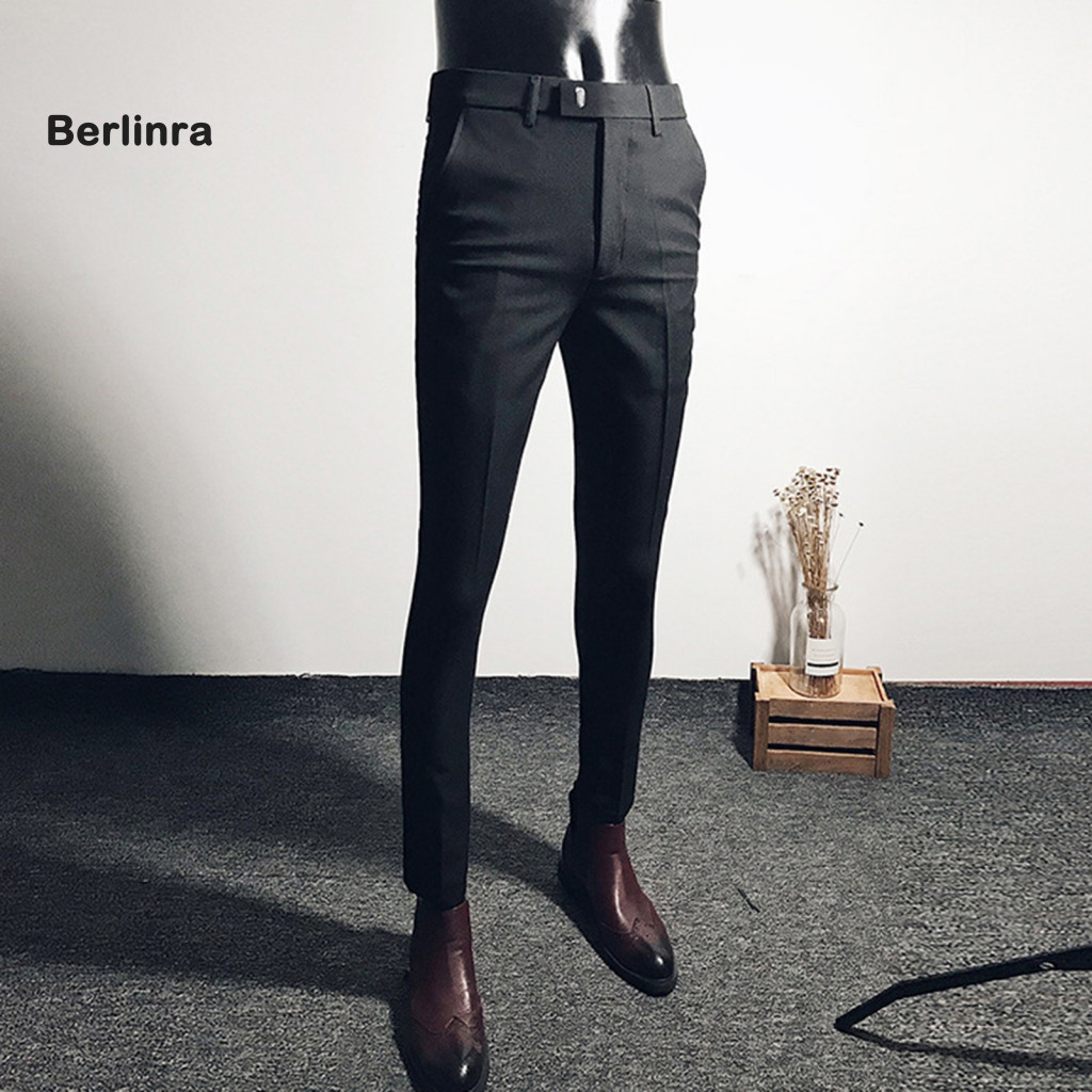 berlinra Men Business Formal Pants Solid Color Straight Cropped Pants ...
