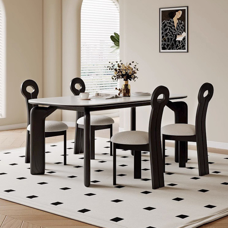 French Retro Solid Wood Stone Plate Dining Table White Wax Small ...