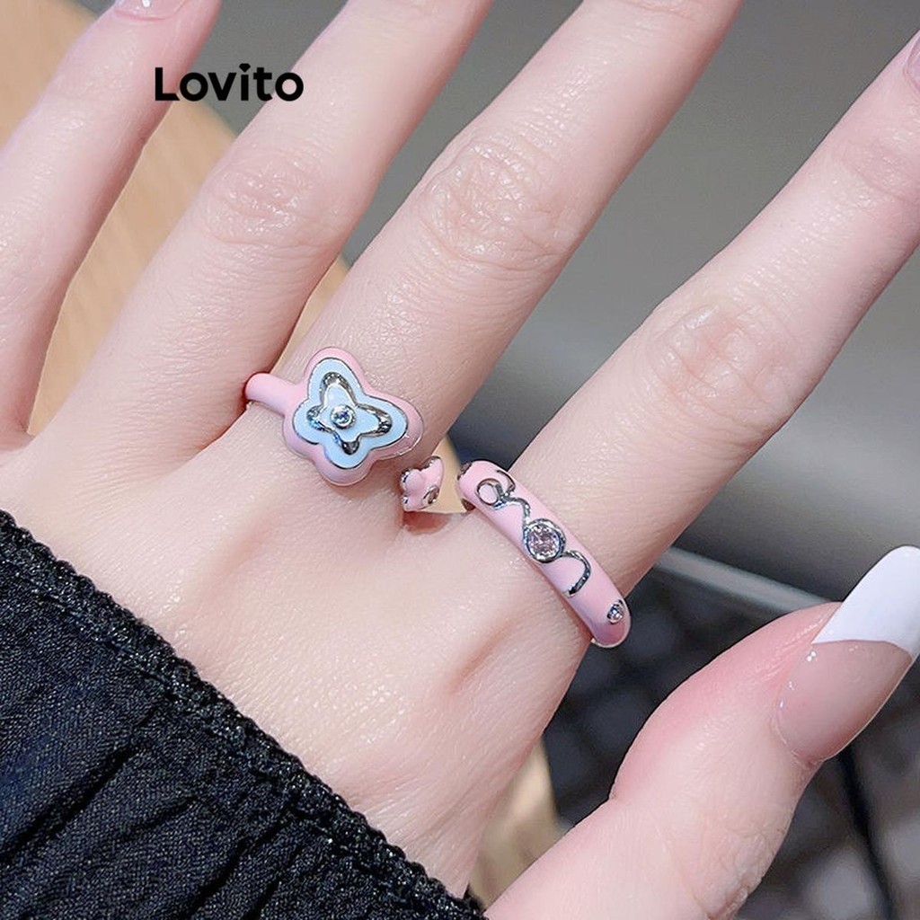 Lovito Casual Butterfly Colorblock Glaze Rings for Women LFA27255 ...
