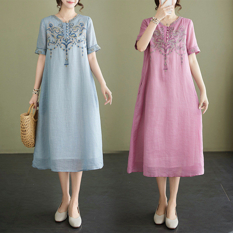 Women's Cotton Linen Round Neck Short Sleeve Pocket Irregular Hem Medium Length  Dress