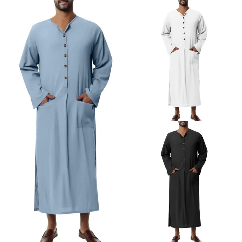 Caftan Musulman Homme En Lin - Thobe Ethnique Décontracté à Manches Longues Avec Poches - Style Moyen-Orient