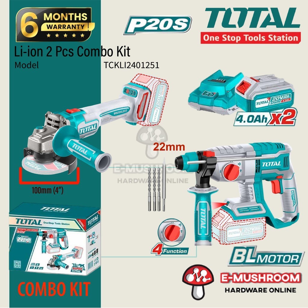 Total Li-ion 2 Pcs Combo Kit Motor Rotary Hammer + Angle Grinder Combo ...