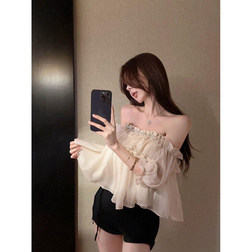 Shoulder Diamond Chain Chiffon Shirt Women 2024 Pure Desire Exposed ...