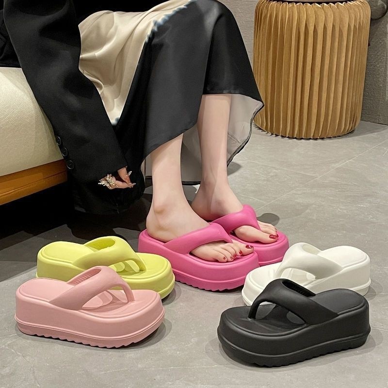 7cm Thick Soled Tsinelas for Women Rubber Flat Sandals Korean Flip
