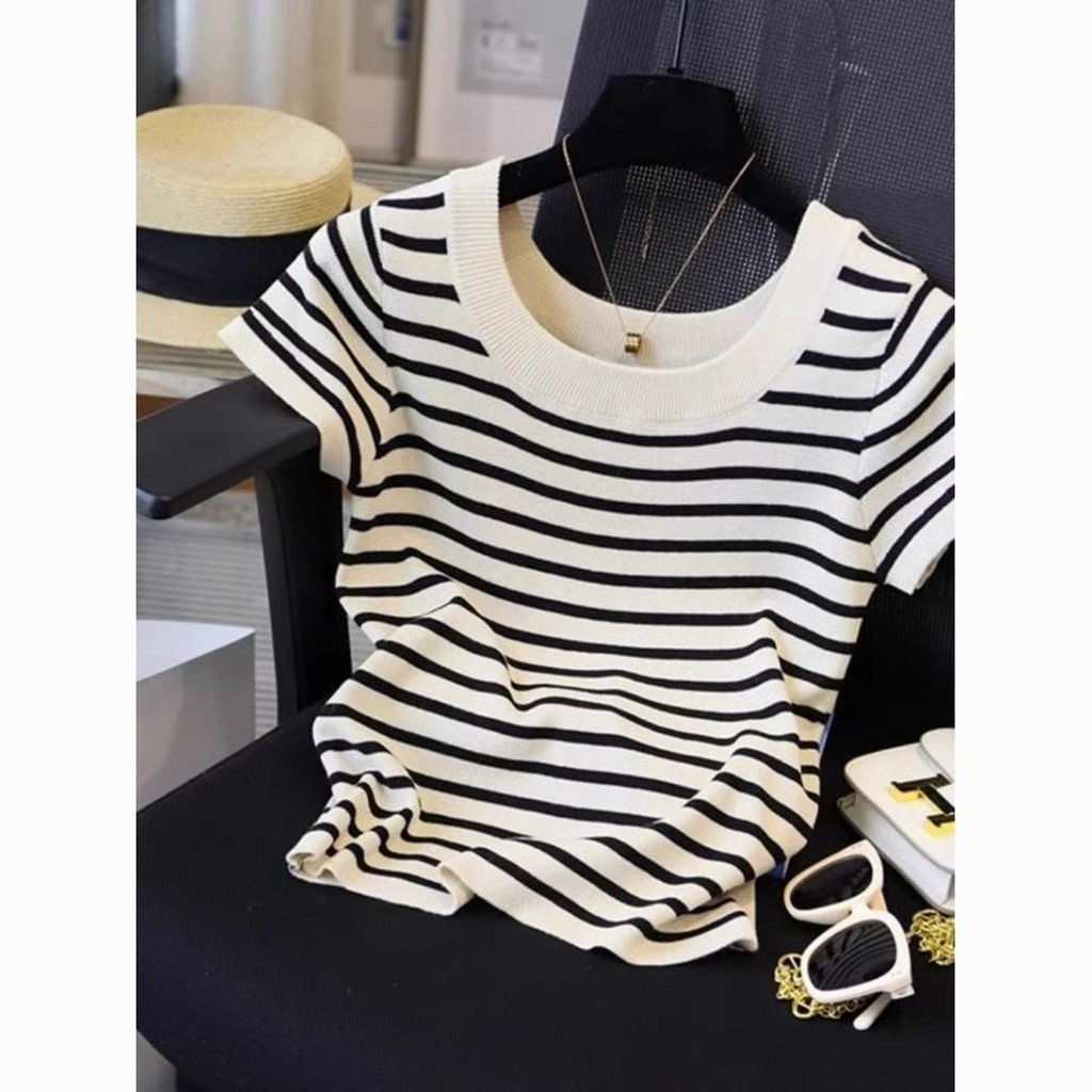 Black White Striped Shoulder Short-Sleeved t-Shirt Women Thin French ...