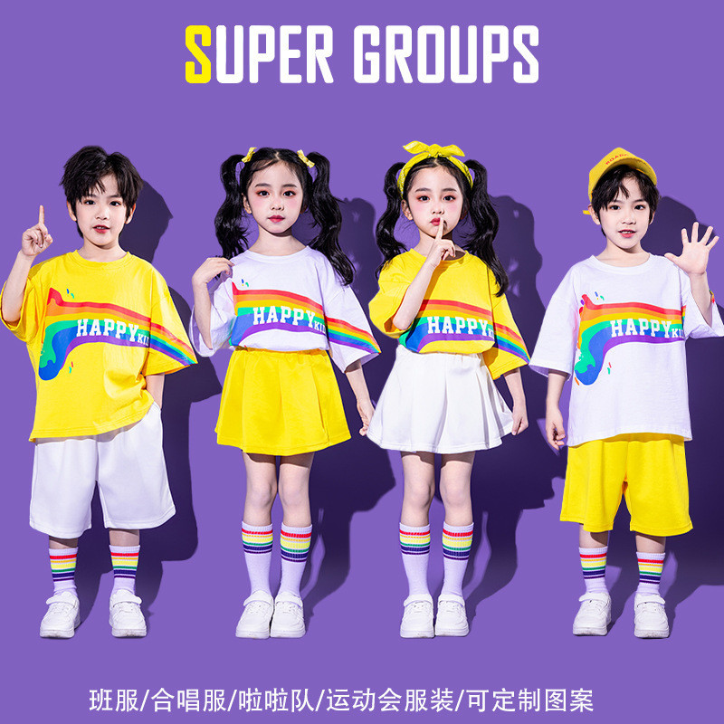 3-14 Years Old Kids Cheerleader Short Sleeve Yellow Rainbow T