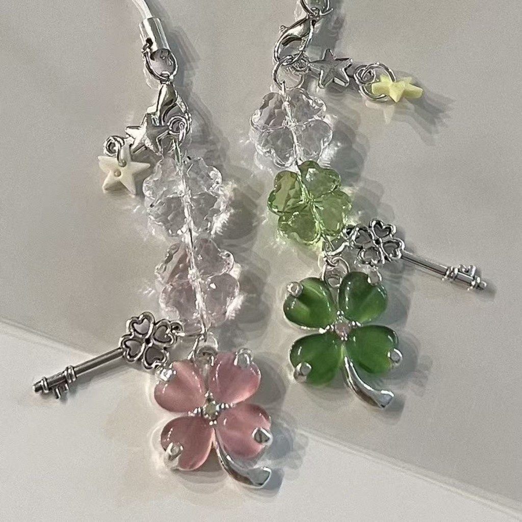 Y2K Pentagram Star Green Four-leaf Clover Keychain Pendant Cell Phone ...
