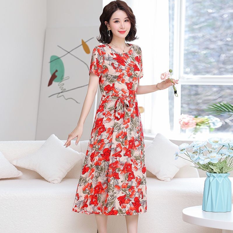 T Classy Middle-Aged Elderly Cotton Silk Dress High-End Large Size ...