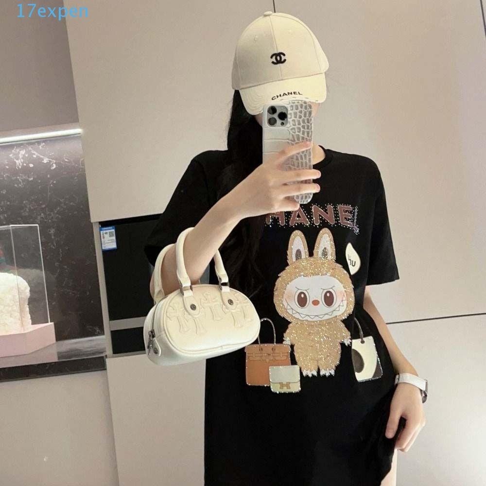 EXPEN Labubu Print T Shirt, Letter Rhinestone Labubu Oversized Top ...