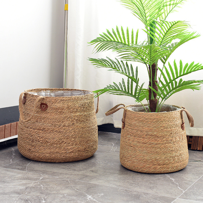 Nordic simple rattan flower pot woven straw flower basket bulging straw ...