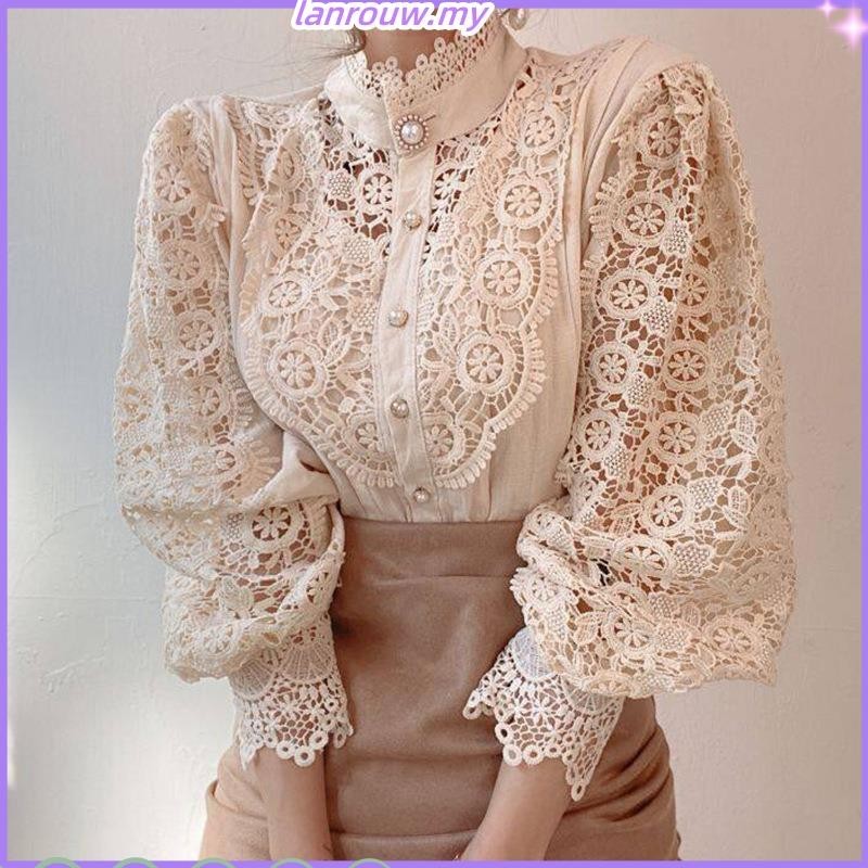Elegant Lace Office Shirt Women's Blouse Long Sleeve Button Up
