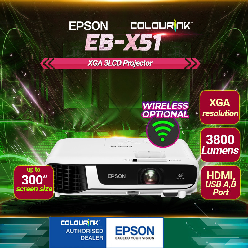 Epson EBX51 XGA 3800 Lumens 3LCD Split Screen Optical Zoom High Brightness Wireless Business
