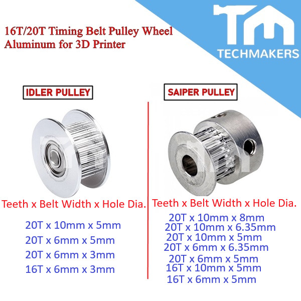GT2 16T/20T Tooth Timing Belt Idler/Saiper Pulley Wheel Aluminum Bore Size 3mm 5mm 6.36mm 8mm for 3D Printer -TechMakers