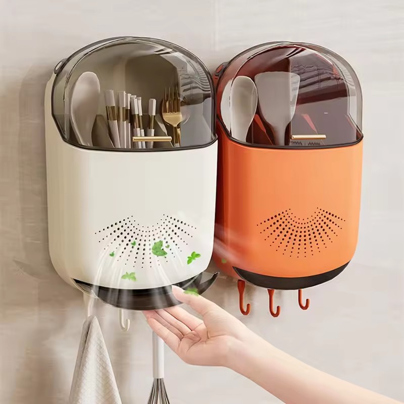 Wall Mounted Flip Top Drainage Storage Chopsticks & Utensil Organizer ...