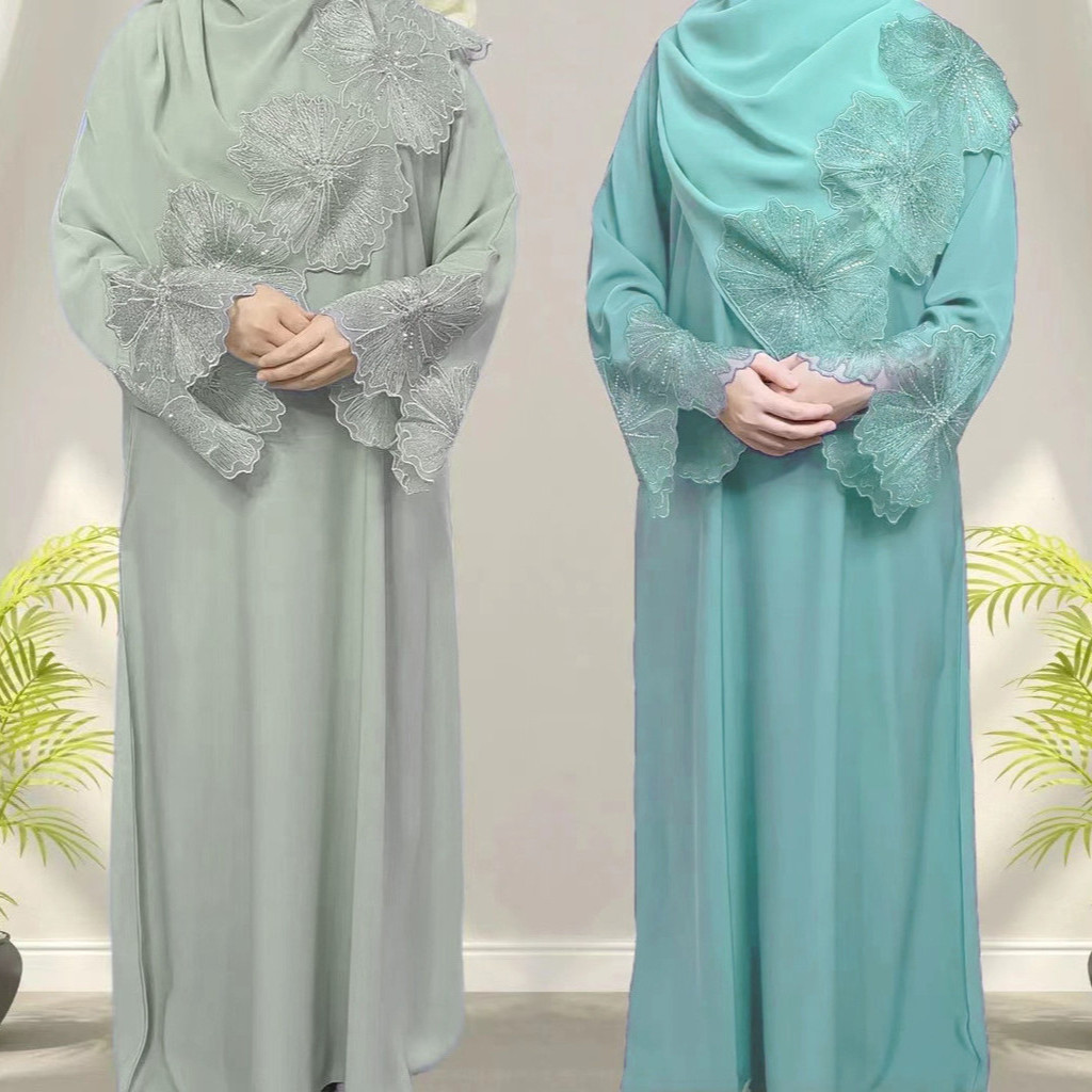 (Molio) Jubah & Tudung Labuh Set Muslimah 2 in 1, Sulaman & Kilauan ...