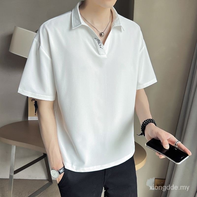 Trendy ins Solid Color Ice Silk Men Women T-Shirt POLO Shirt Thin T ...