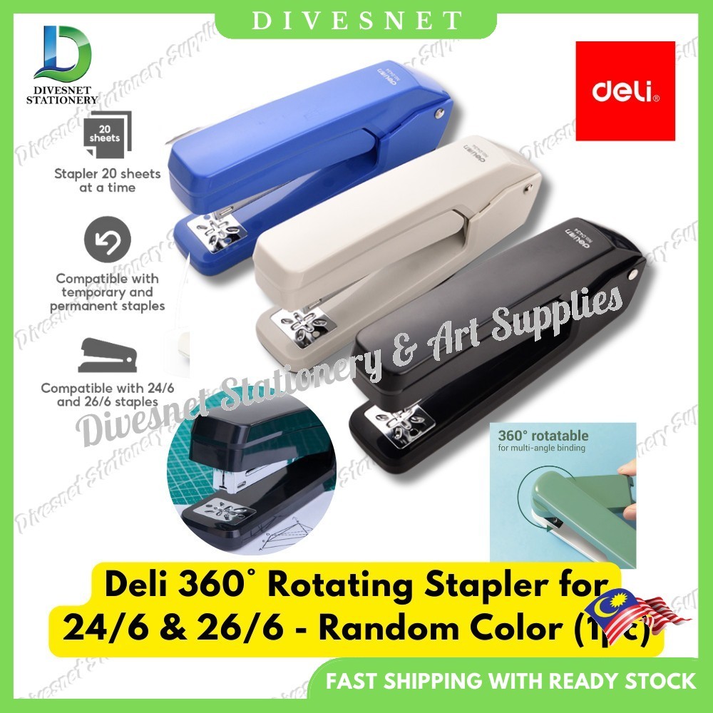 Deli 360° Rotating Stapler 24/6 & 26/6 Staple Bullets Divesnet Pengokot ...