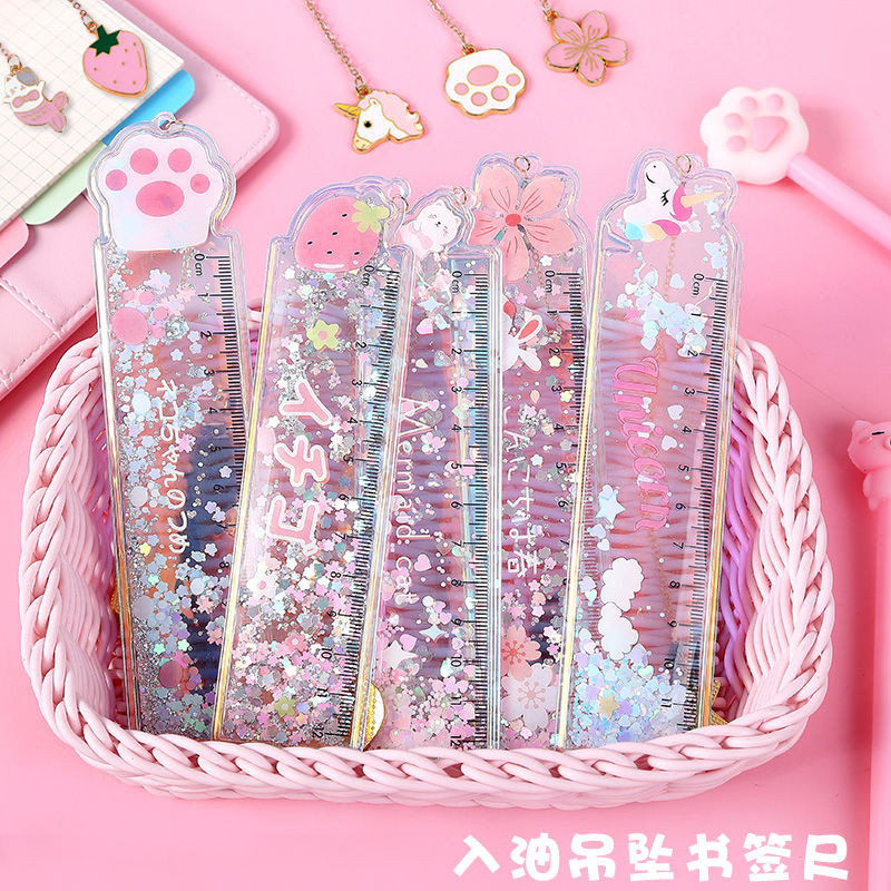 创意卡通入油流沙直尺可爱绘图尺子学生文具少女心吊坠书签刻度尺Creative cartoon oil flowing sand ruler ...