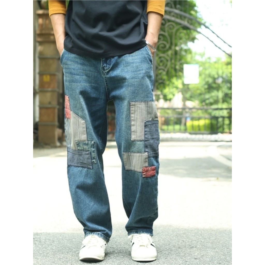 Street Wear Fat Jeans Men 2024 American High-End Stitching Loose Patch ...