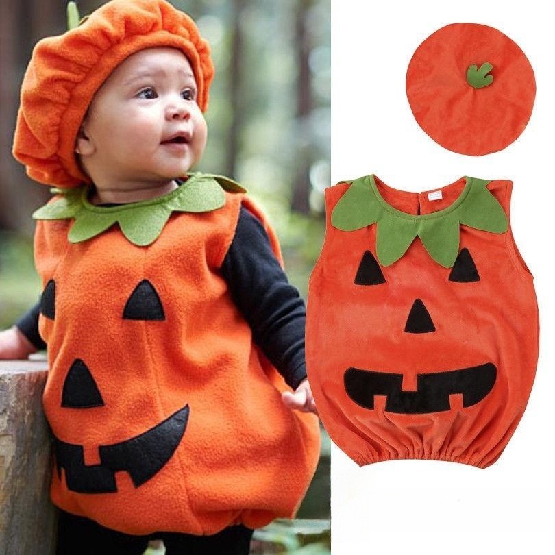 Cosplay Halloween Baby Kid Pumpkin Suit Top Blouse Dress+Hat Clothes ...