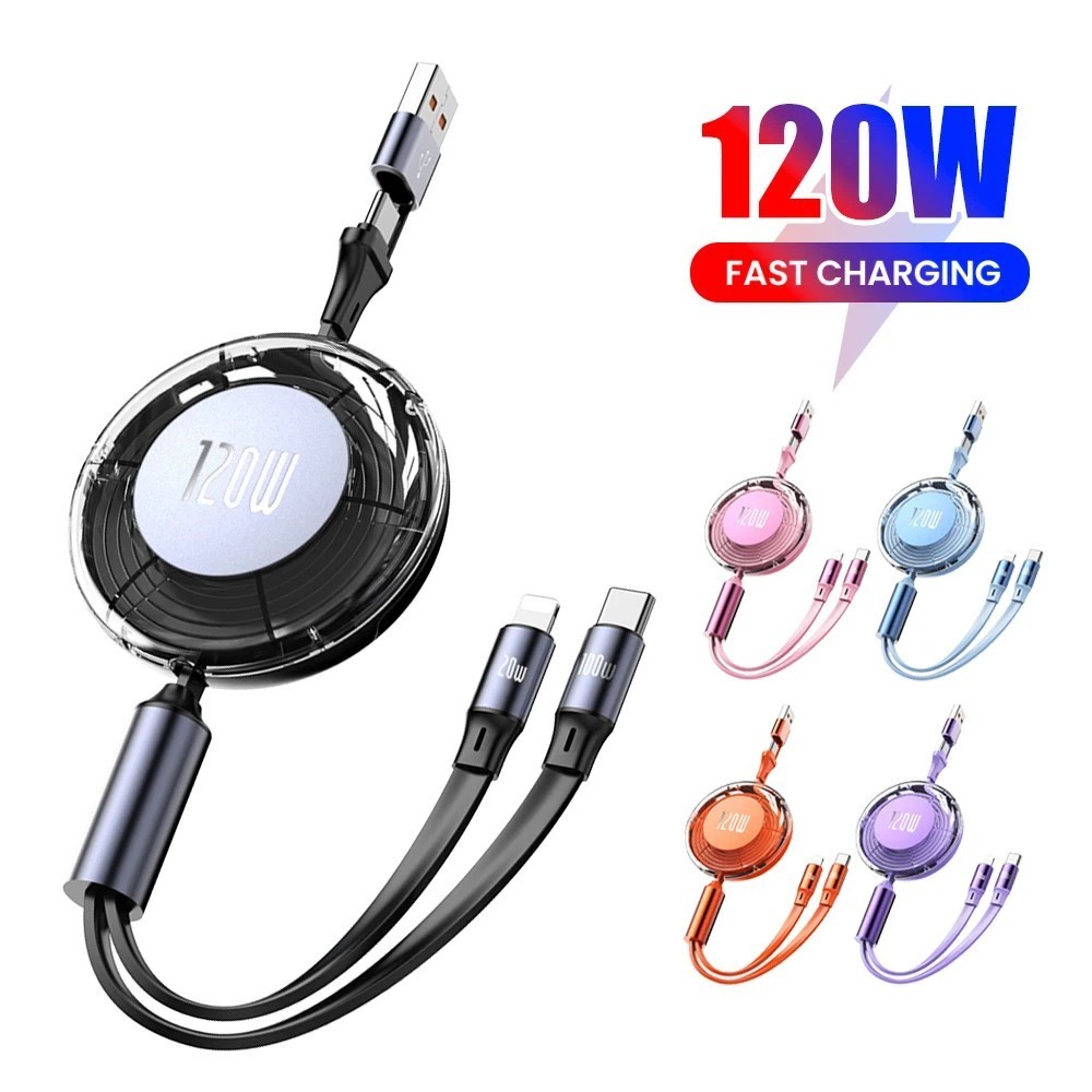 Twitch 6A Retractable Total 120W Fast Charging Cable USB C Type C lOS ...