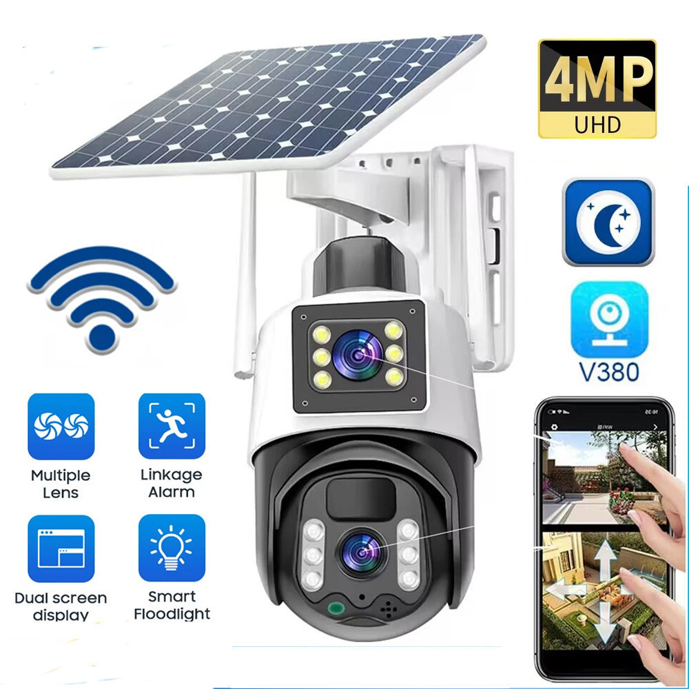 4MP 4G / WIFI Dual Lens Solar PTZ IP Security Camera Dual Screens Auto ...