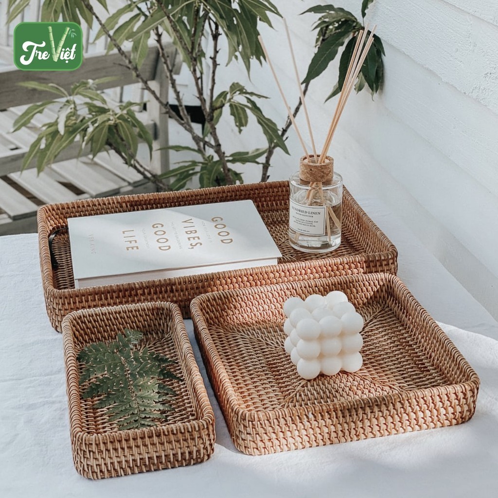 Low Rattan Tray for Tea Pots and Decorative Food Storage - Rectangular ...
