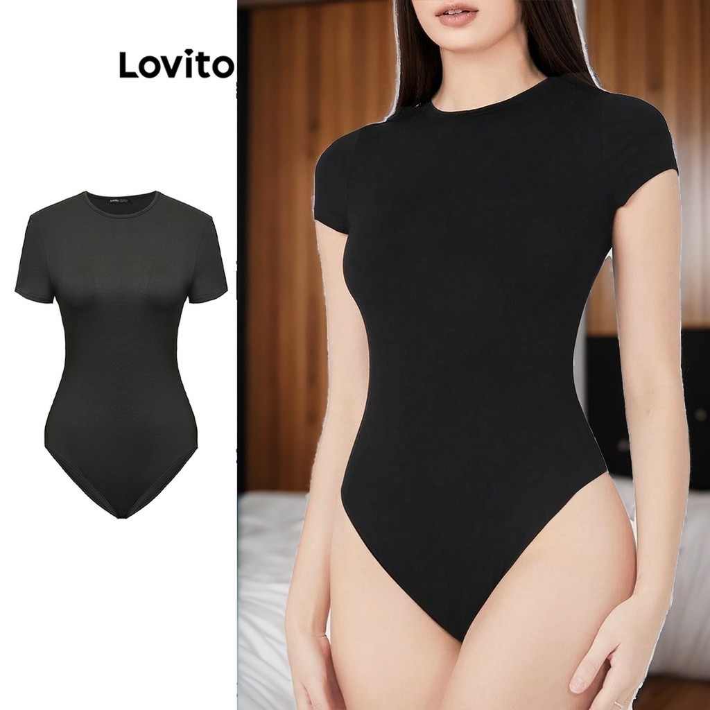 Lovito Casual Plain Plicated Bodysuit For Women L87ED251 Lovito Bodysuit Plicated Polos Kasual