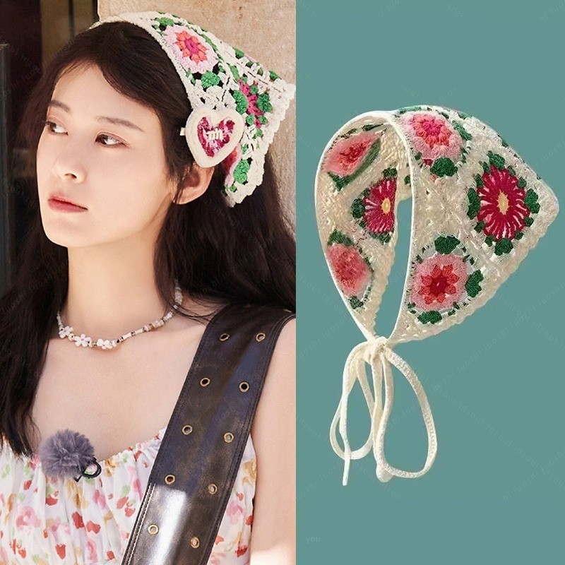 French Pastoral Style Knitted Headscarf Women's Summer Triangle Flower ...