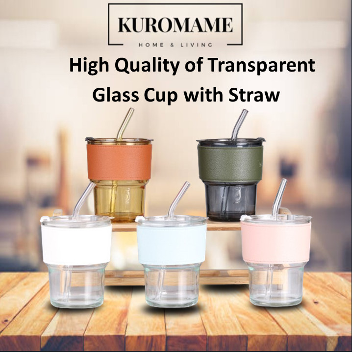 KUROMAME Portable Transparent Coffee GlassCup With Straw and Lid Coffee ...