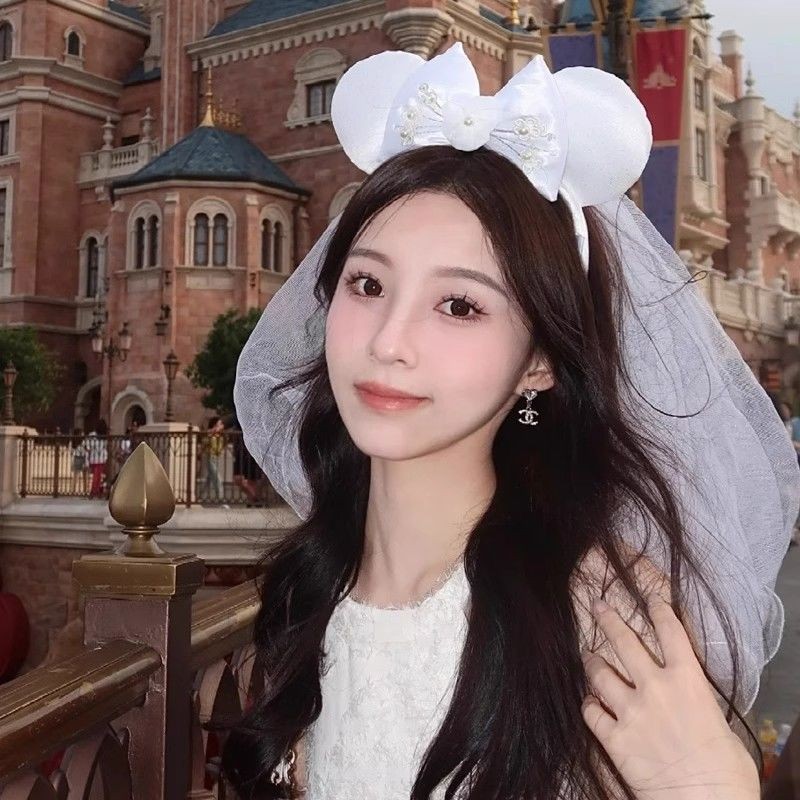 韩系迪士尼公主婚纱款头纱发箍米奇米妮蕾丝发卡发饰游园领证拍照头箍Disney Princess Wedding Dress Headcloth ...
