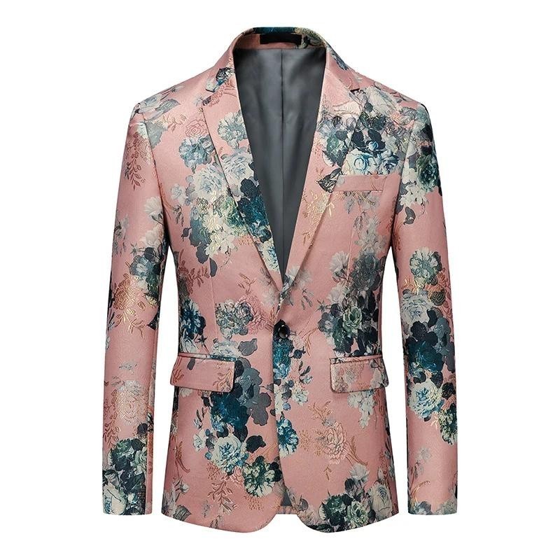 Mens Casual Pink Formal Suit Jacket Campus Wear Floral Wedding Blazer ...