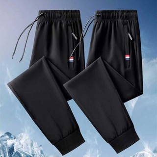 M-5XL Men's Summer Ice Silk Basic All-match Plain Straight Joggers Pants Fashion Elastic Waistband Thin Sweatpants Plus Size Black\Grey