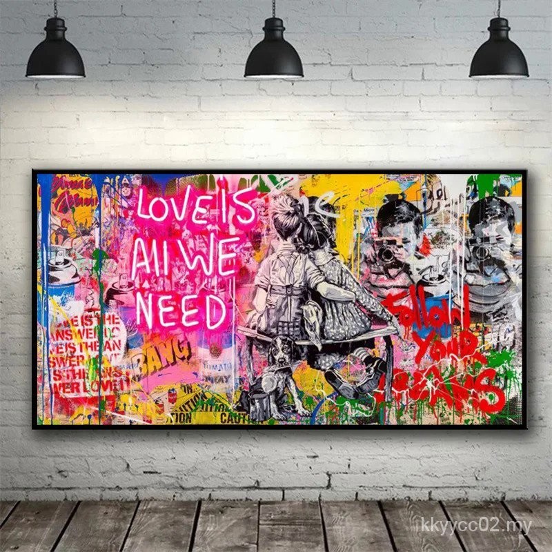 Aluminiumbild Banksy - Love is all we need im Quadrat, Aufhängefertig