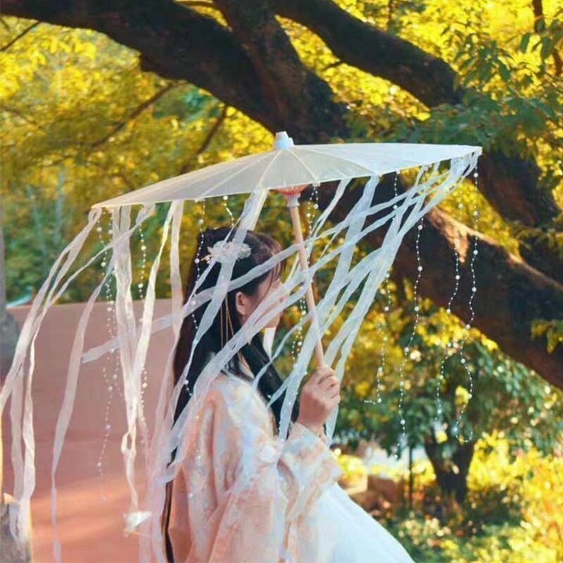 现货 古代女子古风油纸伞防雨飘带伞汉服伞古装仙女拍照装饰走秀流苏伞Ancient Women's Ancient Style Oil ...