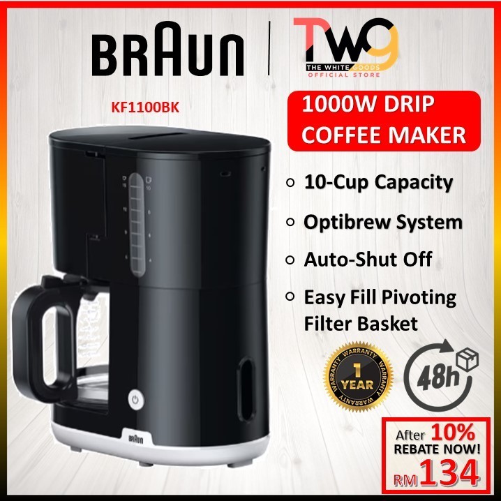 FAST SHIPPING Braun Coffee Machine Drip Black EasyFill Pivoting Filter Basket Double Scale Water Window KF1100BK Shopee Malaysia