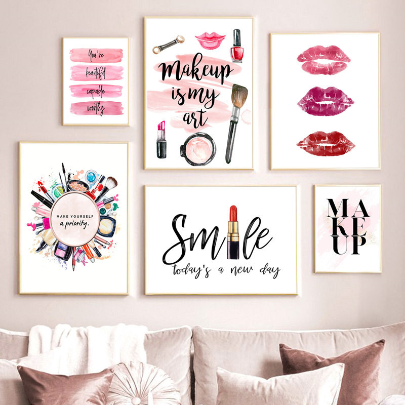 Fashion Poster Lipstick Makeup Brushes Canvas Print Wall Art Painting ...