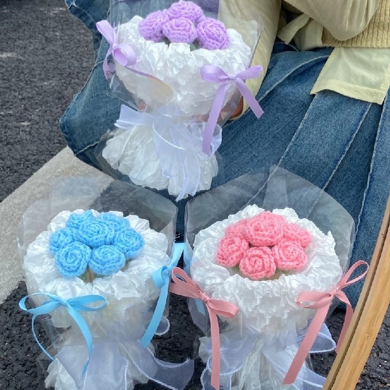 Romantic Crochet Rose Bouquet Handmade Flowers Bouquet Candy Color ...