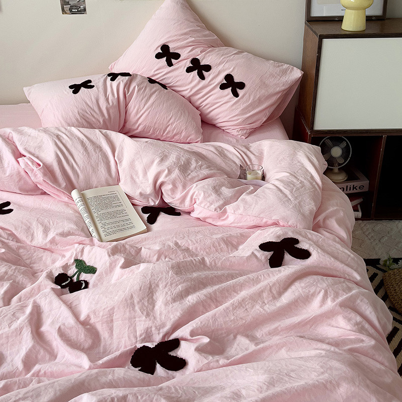 Pink bow Towel embroidery IN Bed Sheet Set Plain Dyed Bedding - Main Image