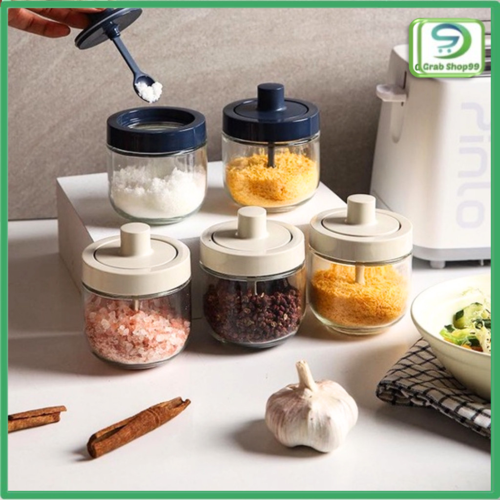Glass Seasoning Bottle Spice With Spoon Seasoning Container Air-Tight ...