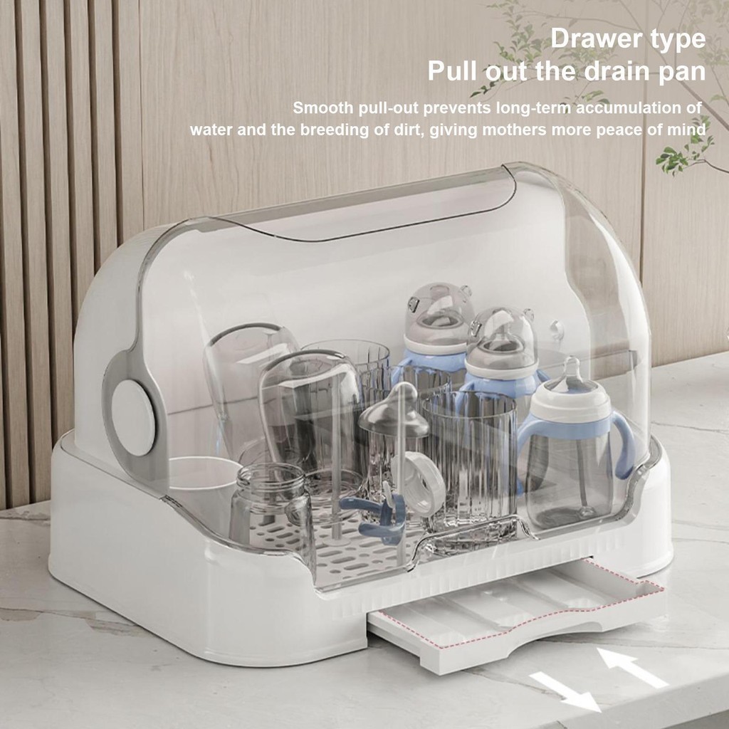 Sterilizer And Dryer Baby Bottle Baby With Storage Box, Dustproof Countertop Rack For Toddler Bottles, Removable Drip Tray Bottle Drying Rack