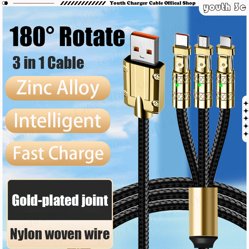 120W 180°Rotate Fast Charging Cable 3 In 1 Zinc Alloy Woven Bold Data ...