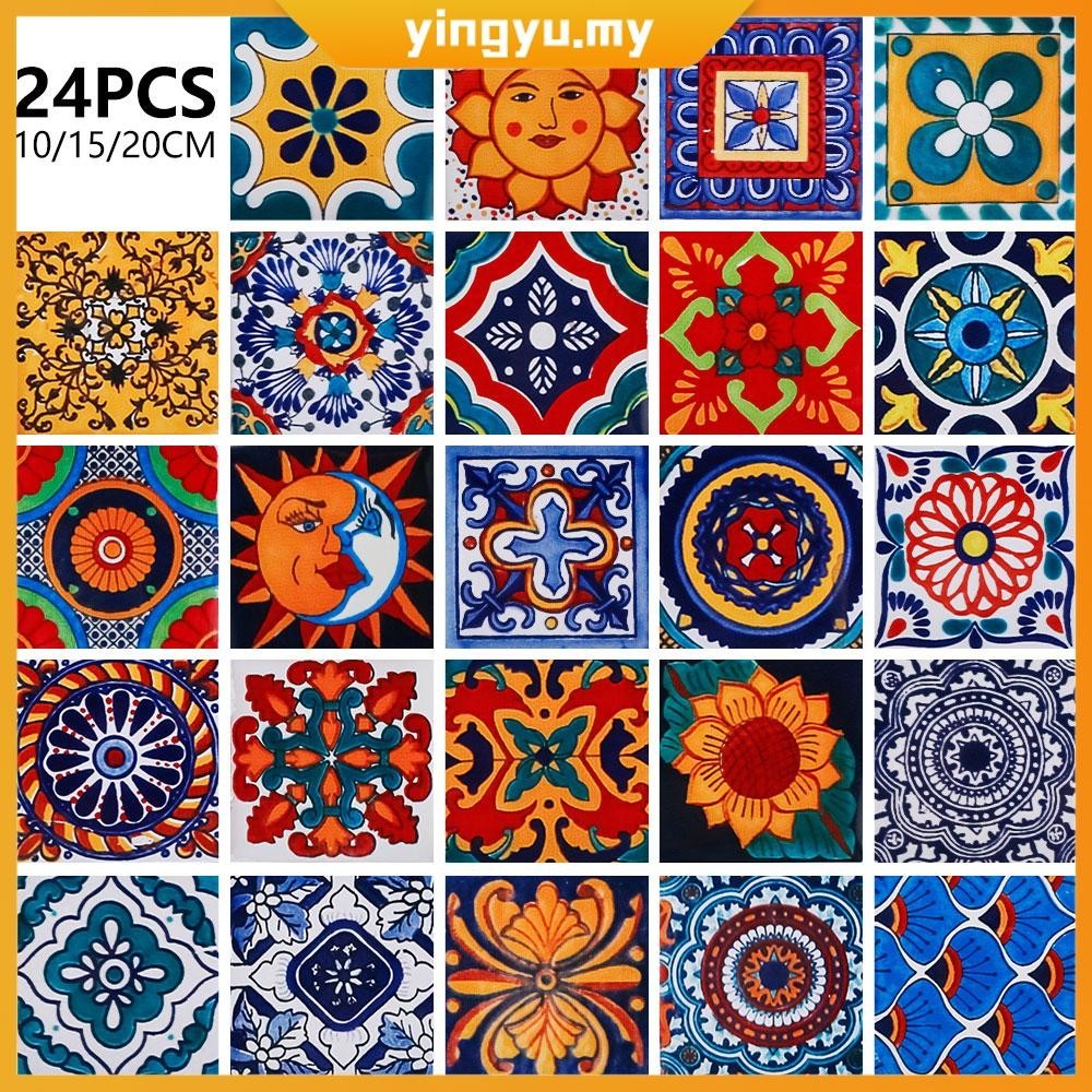 24pcs Tile Sticker Moroccan Style Tile Decals Waterproof Removable 