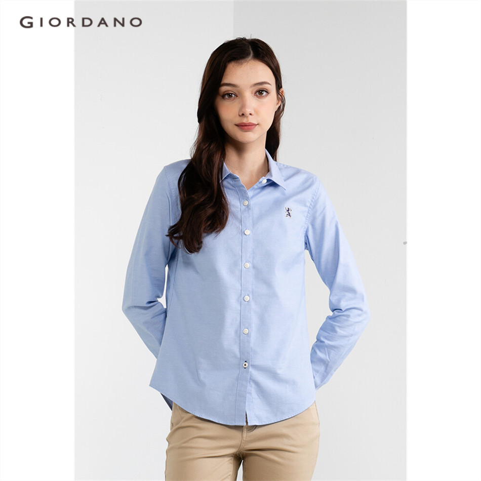 GIORDANO WOMEN Women's Cotton Oxford Lion Embroidery Slim Long Sleeve ...