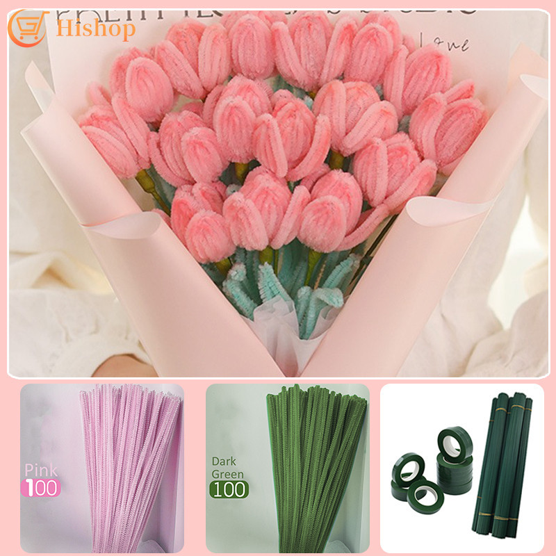 100pcs Macaron Color Fuzzy Wire DIY Tulips Flower Bouquet Valentine ...